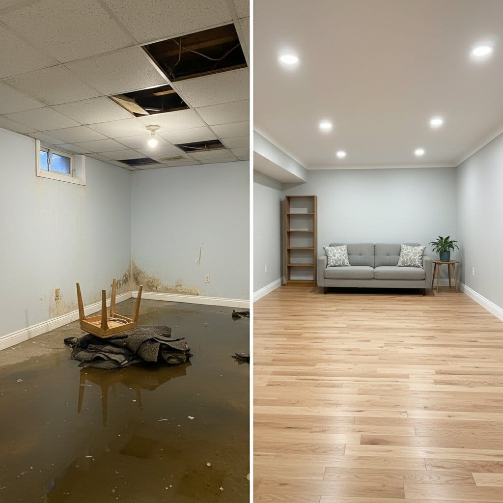 Water Damage Restoration before and after in residential basement, Glen Rock NJ