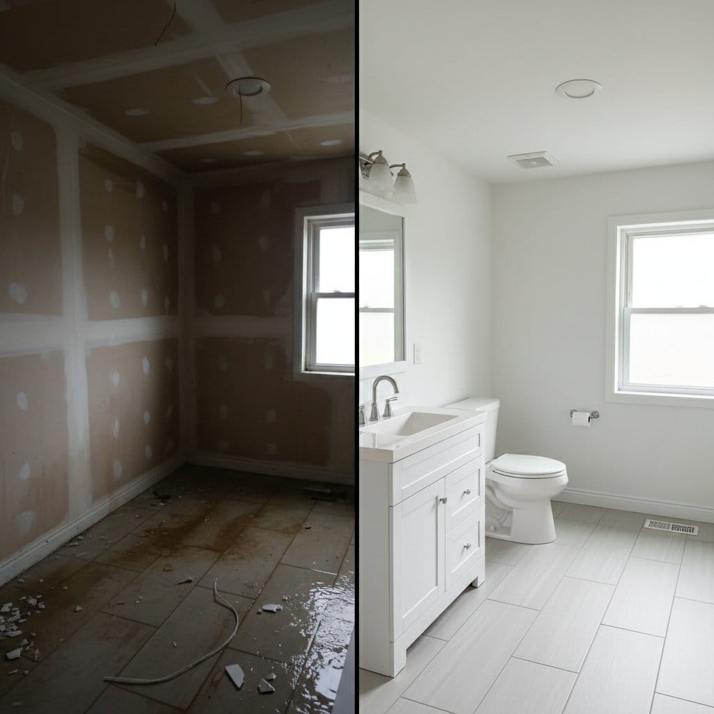 Before and after water damage restoration in Glen Rock split-level home bathroom