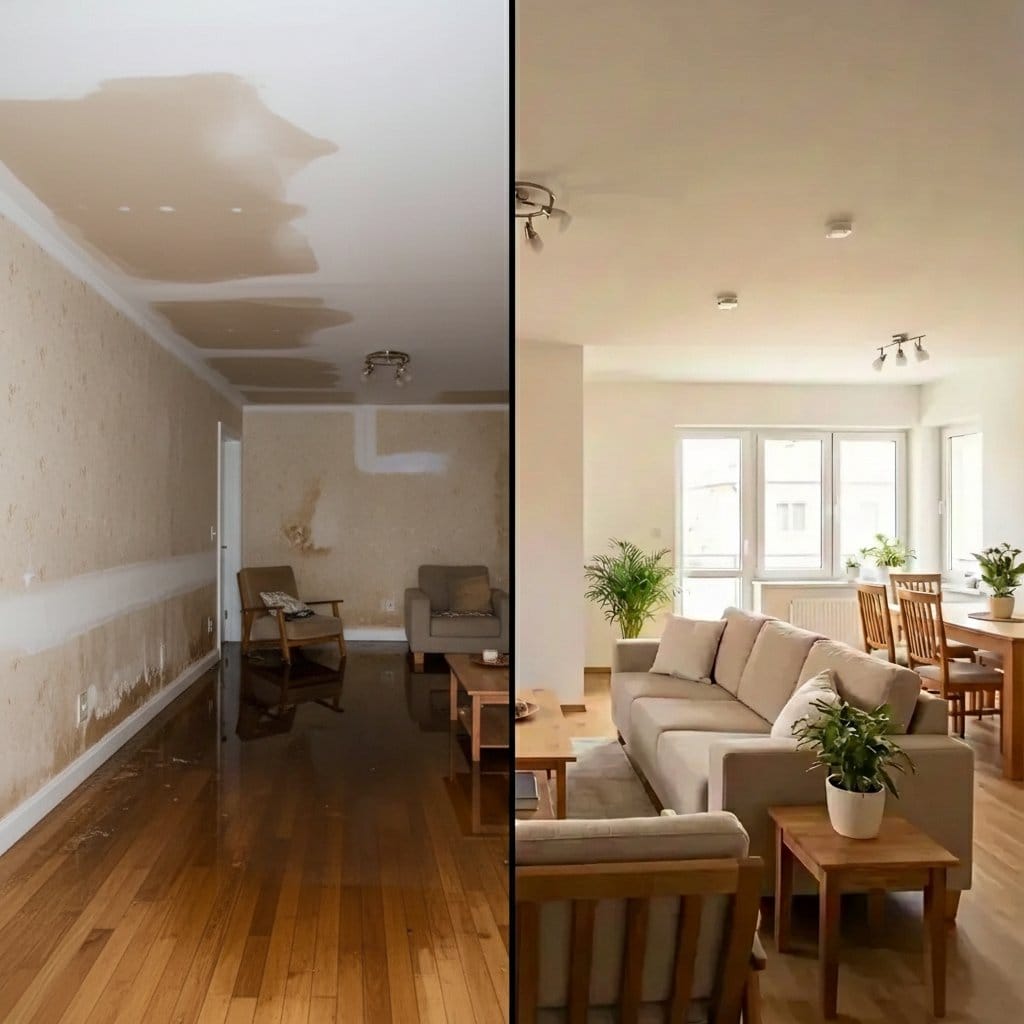 Emergency Water Removal before and after in living room, Glen Rock NJ