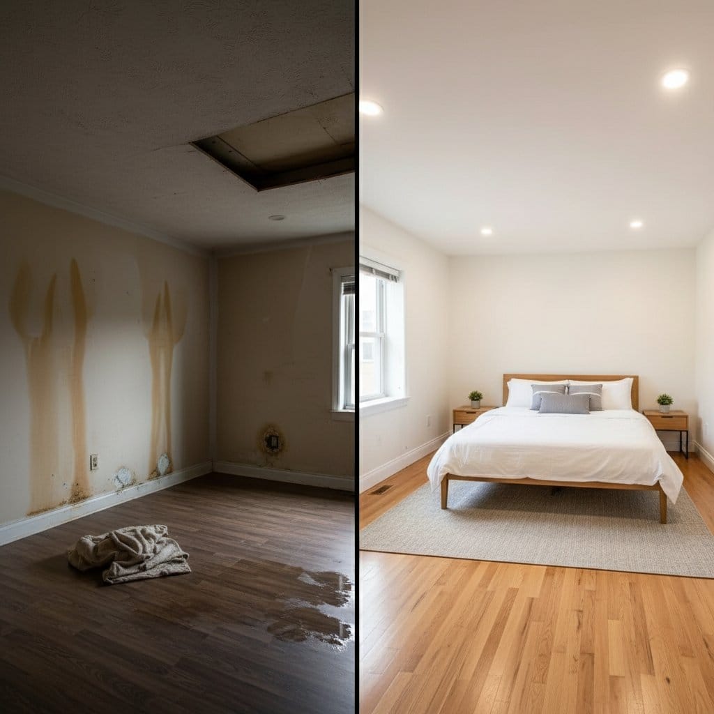 Before and after emergency water removal in Glen Rock two-story residence bedroom