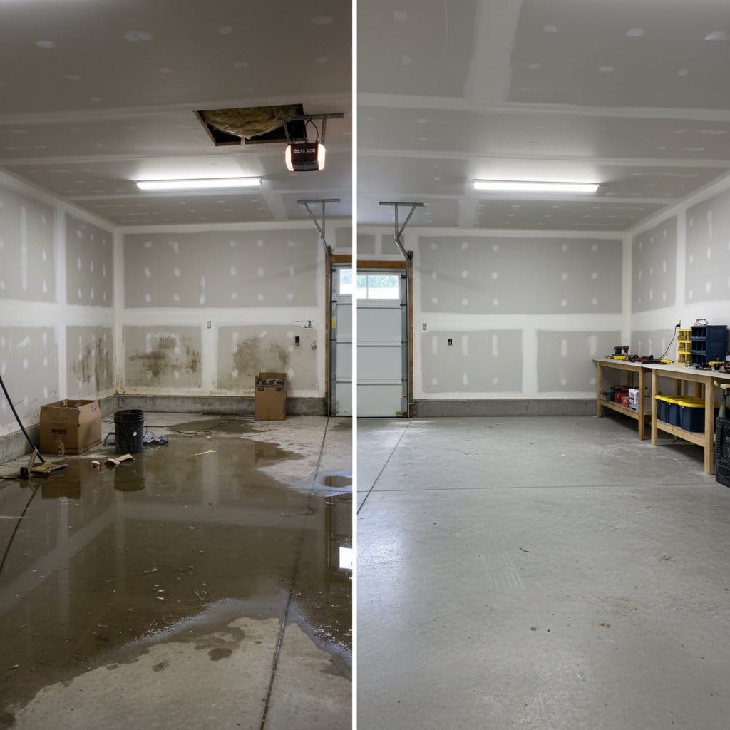 Basement Flood Cleanup before and after in garage, Glen Rock NJ