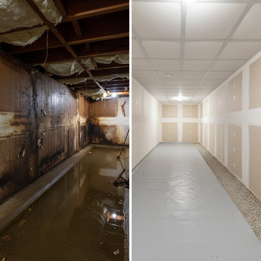 Basement Flood Cleanup restoration β crawl space of multi-family property in Glen Rock, NJ