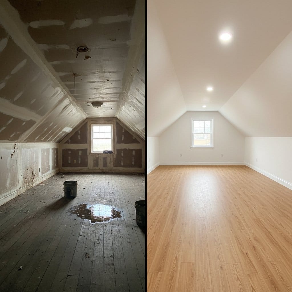 Before and after basement flood cleanup in Glen Rock commercial property attic space