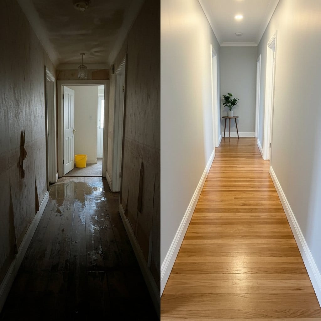 Burst Pipe & Plumbing Leak Damage before and after in hallway, Glen Rock NJ