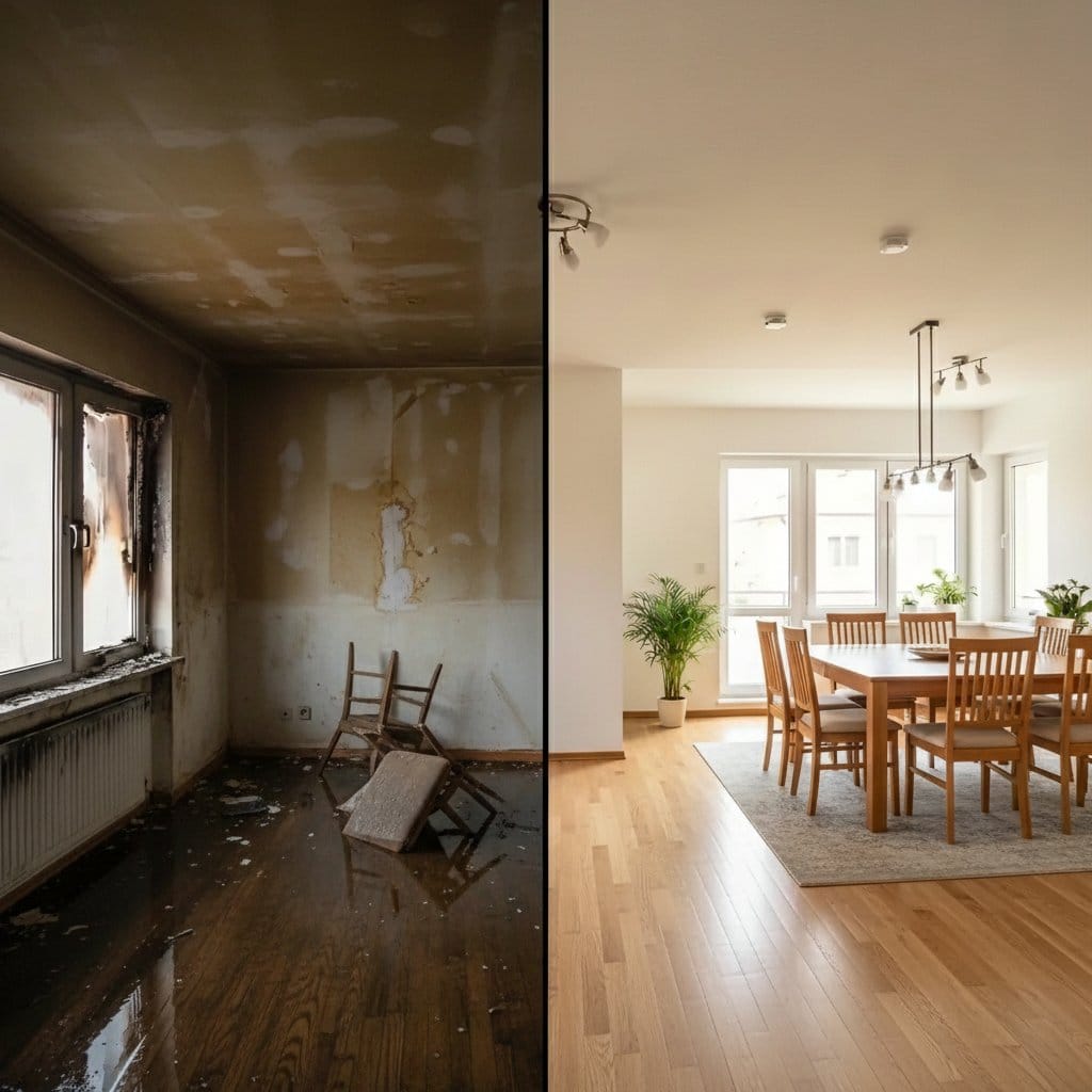 Before and after burst pipe & plumbing leak damage in Glen Rock bungalow dining room