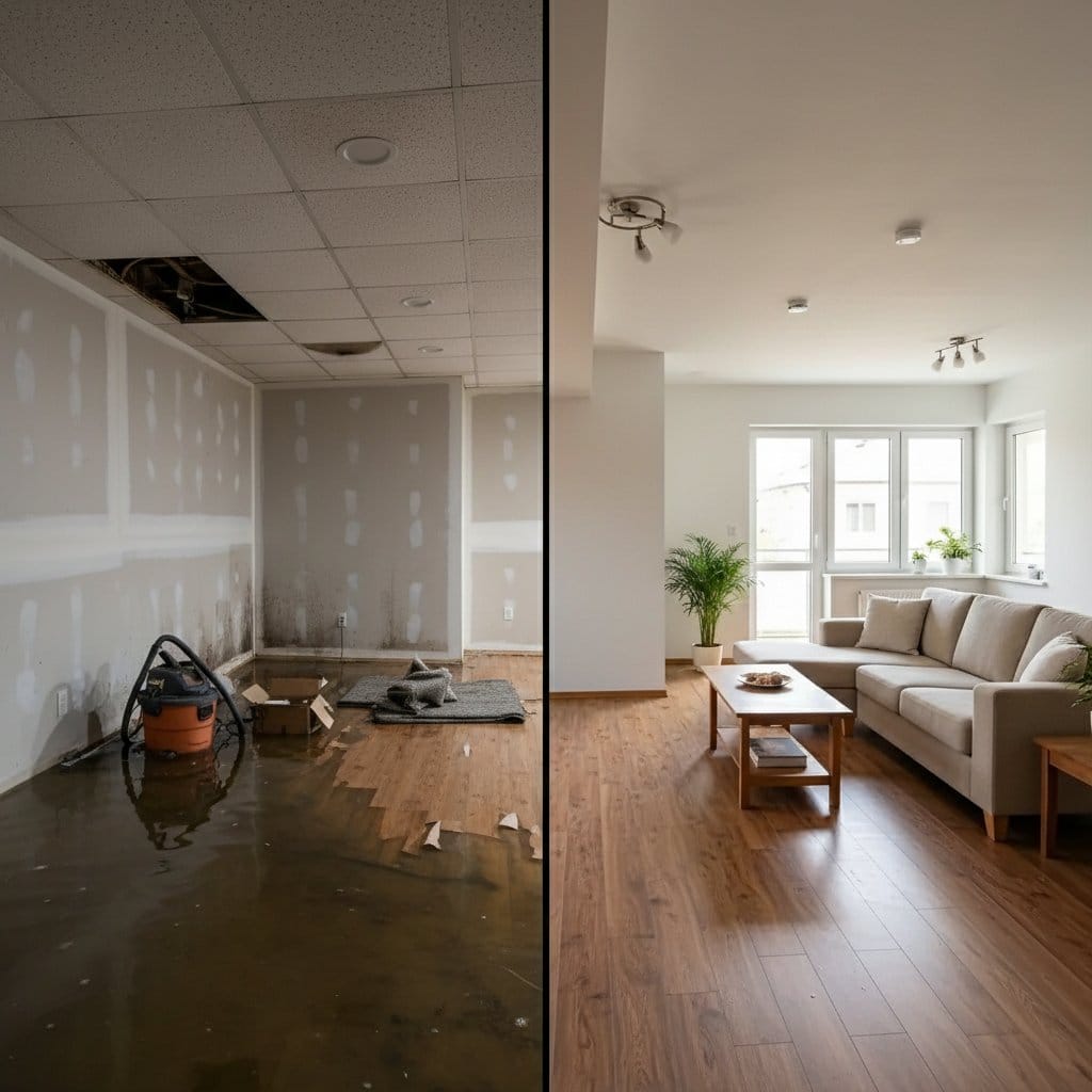 Storm & Roof Leak Water Damage before and after in finished basement, Glen Rock NJ