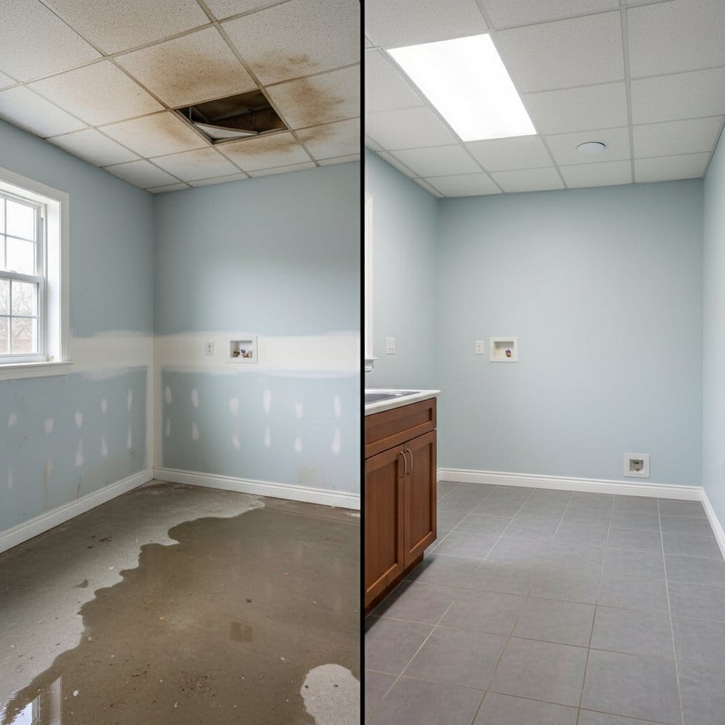 Storm & Roof Leak Water Damage restoration — utility room of split-level home in Glen Rock, NJ