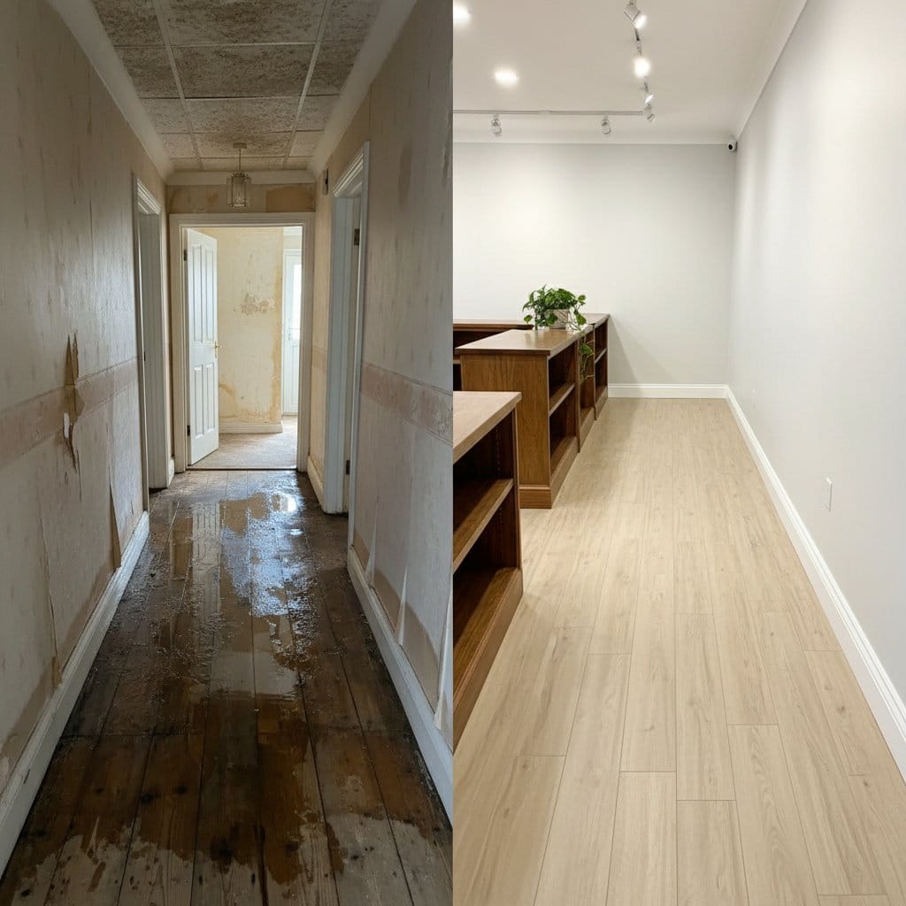 Before and after storm & roof leak water damage in Glen Rock Cape Cod house storefront interior