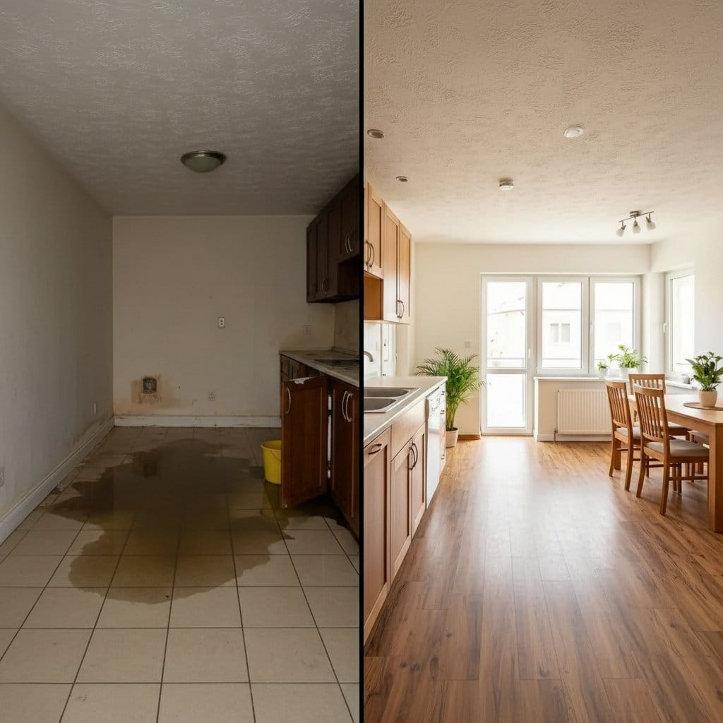 Sewage Backup Cleanup restoration โ home kitchen of two-story residence in Glen Rock, NJ