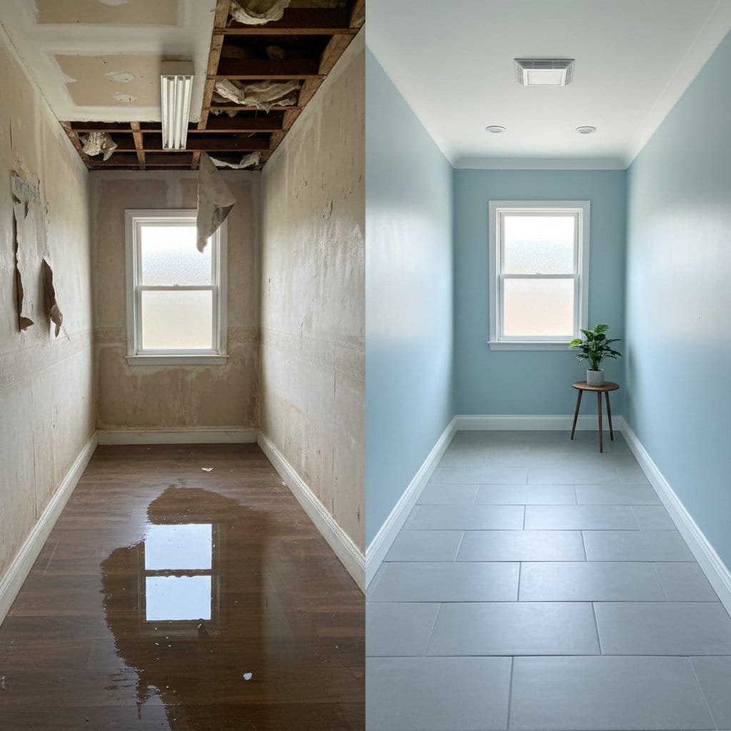 Before and after sewage backup cleanup in Glen Rock private residence bathroom