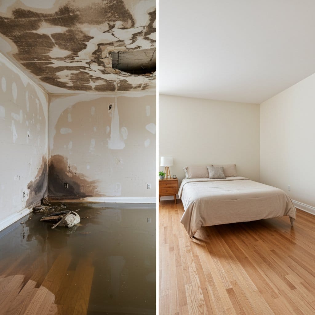 Before and after structural drying & dehumidification in Glen Rock bi-level home bedroom