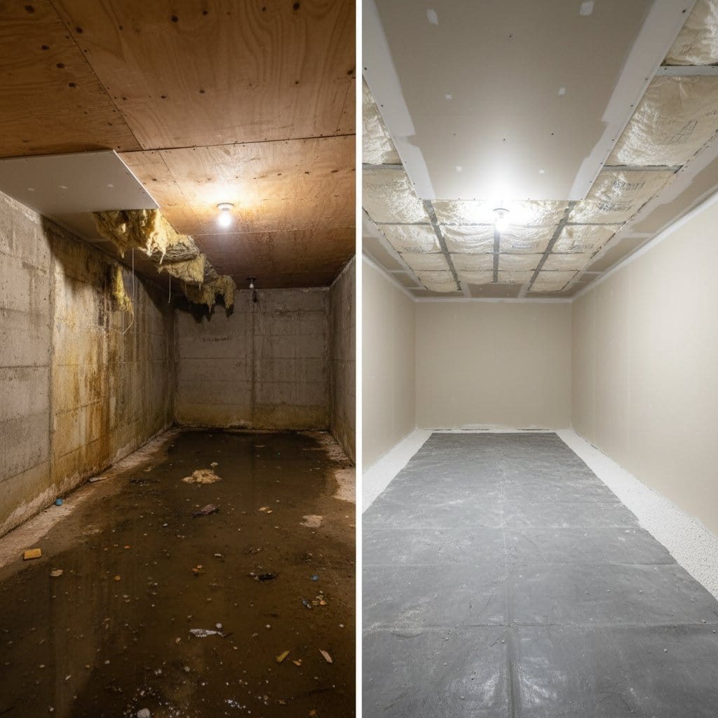 Carpet & Flooring Water Damage Cleanup restoration — crawl space of bungalow in Glen Rock, NJ