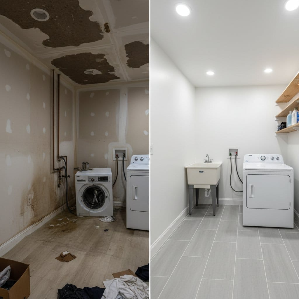 Wall & Ceiling Dry-Out restoration β laundry room of Cape Cod house in Glen Rock, NJ