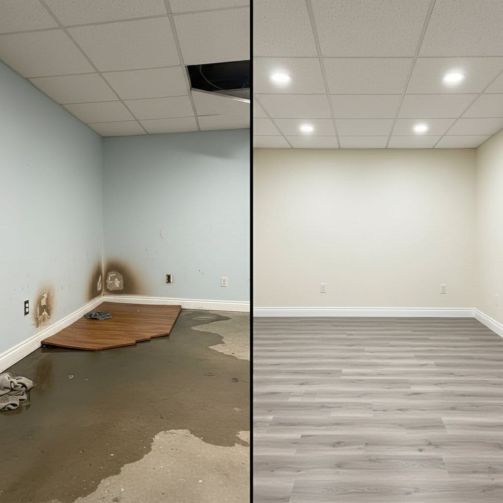 Content Drying & Property Cleanup before and after in finished basement, Glen Rock NJ