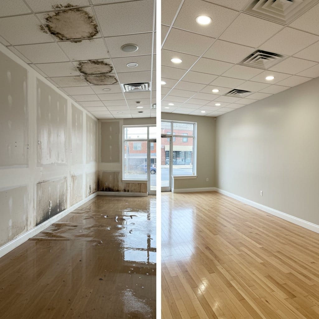 Before and after content drying & property cleanup in Glen Rock townhouse storefront interior