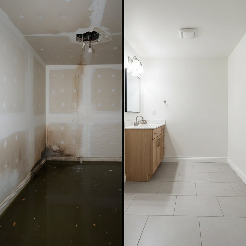 Before and after mold prevention after water damage in Glen Rock Victorian home bathroom